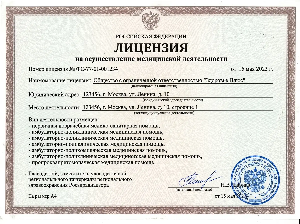 Скан лицензии на осуществление медицинской деятельности Росздравнадзора, бланк с печатью, официальный документ